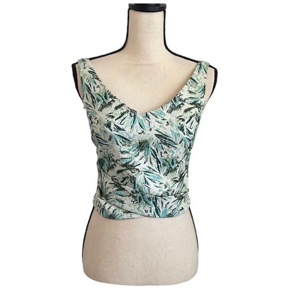 ZARA Green Sleeveless Faux Wrap Cropped Blouse size Small Metallic Zip Back Top